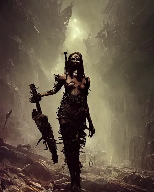 Image similar to hyper realistic photo of postapocalyptic sorceress, full body, horror, cinematic, artstation, cgsociety, greg rutkowski, james gurney, mignola, craig mullins, brom