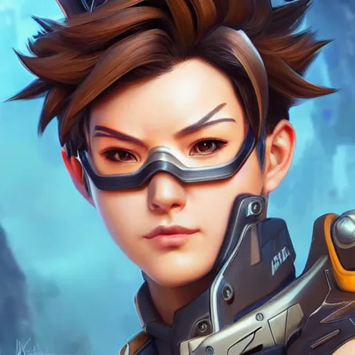 Image similar to tracer overwatch portrait, close up, concept art, intricate details, highly detailed photorealistic in the style of michael komarck, joel torres, seseon yoon, artgerm and warren louw