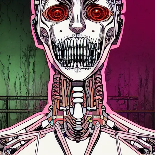 Prompt: horrific cyberpunk robot human cyborg, flesh and bones exposed, junji ito style manga drawing, highly detailed