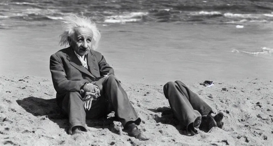 Image similar to Albert Einstein sat on a beach relaxing