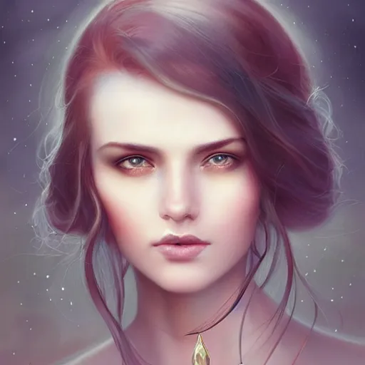 Prompt: ! beautiful female portrait, inner glow, symmetric face, flowing hair, moonlight, gemstone necklace, by wlop, by tom bagshaw, by gallen - kallela trending on artstation,