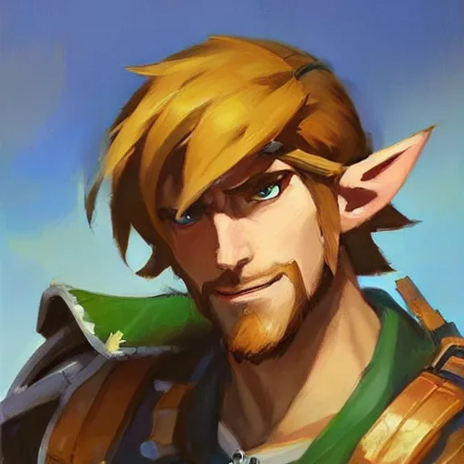 Prompt: greg manchess handsome portrait painting of link in the legend of zelda as overwatch character, medium shot, asymmetrical, profile picture, organic painting, sunny day, matte painting, bold shapes, hard edges, street art, trending on artstation, by huang guangjian and gil elvgren and sachin teng