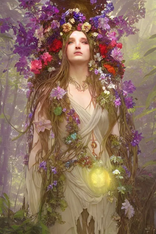 Image similar to a beautiful female forest druid wearing a head dress of flowers and a flowing dress surrounded by light in a heavenly forest realm, full body shot, video game concept art, alphonse mucha, james gurney, greg rutkowski, vivid colour, fine detail, dramatic lighting, beautiful