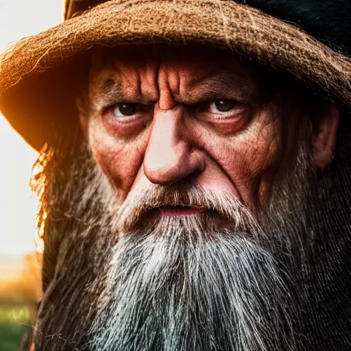 Prompt: scowling angry old wizard with a long white beard casting a spell, Tones of Black in Background, Golden Hour, Field of View, 2 Megapixels, 4-Dimensional