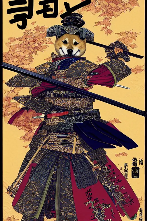 Image similar to poster of a shiba inu as a samurai, by yoichi hatakenaka, masamune shirow, josan gonzales and dan mumford, ayami kojima, takato yamamoto, barclay shaw, karol bak, yukito kishiro