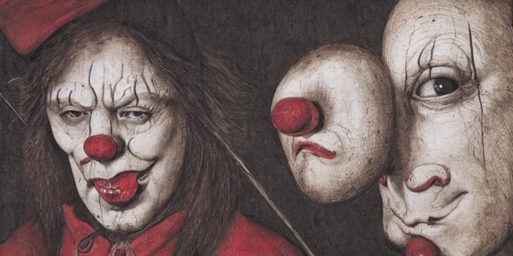 Prompt: realistic portrait of a medieval clown, 1450, ink, 8k, ultra realistic