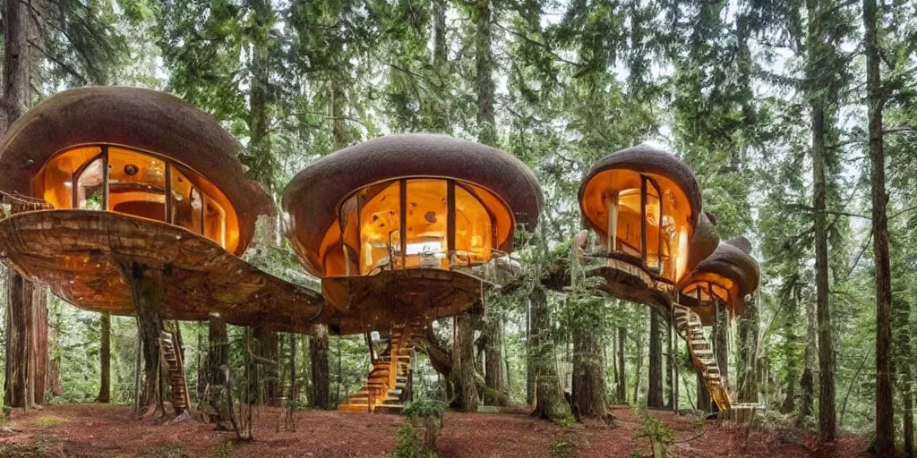 Image similar to large treehouse residence made from an enormous mushroom, pacific northwest, incorporating round doors