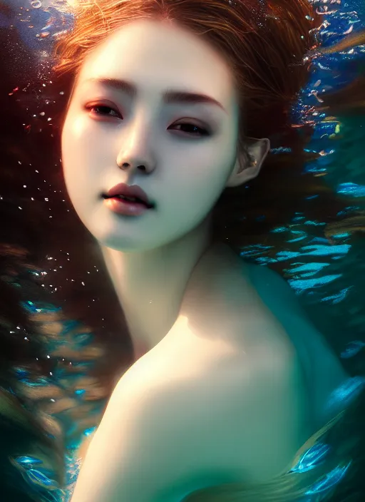 Image similar to an underwater photographic beauty portrait, cinematic, volumetric lighting, fantasy, intricate, elegant, highly detailed, digital painting, artstation, concept art, smooth, sharp focus, illustration, art by jingna zhang, ayami kojima, artgerm