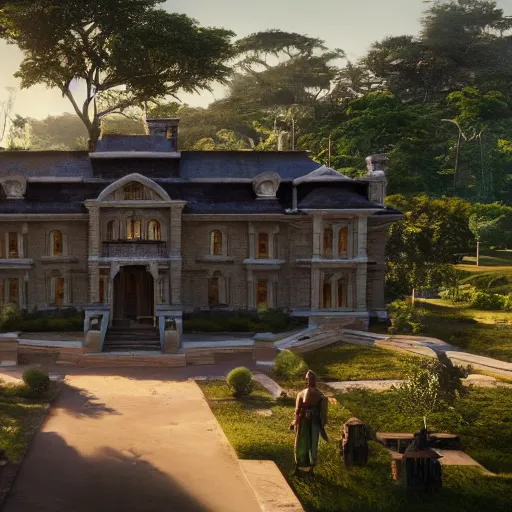 Prompt: a mansion in the middle of wakanda, daylight, cinematic lighting, cinematic perspective, by weta digital, by weta fx