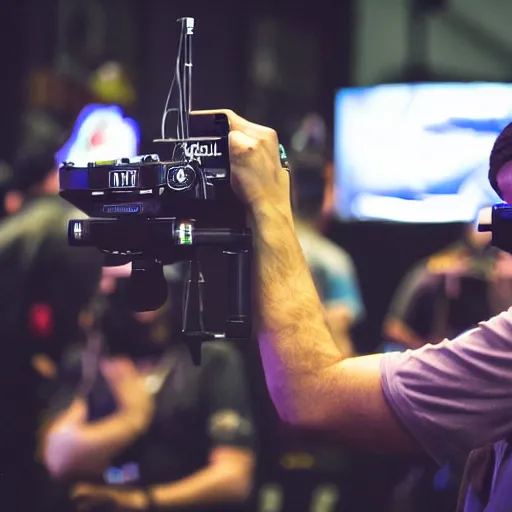 Image similar to ruggedly handsome gimbal camera operator getting the action shot at a video game tournament. photorealistic, high quality, intricate details