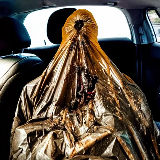 Prompt: stinking garbage bag with human face oozing goop inside car, wide angle, specular highlights, fetid atmosphere