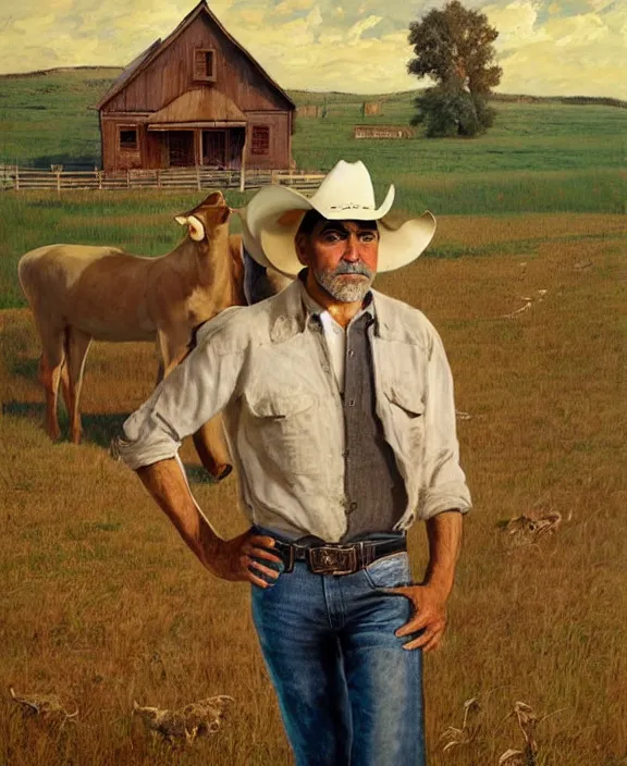 Image similar to portrait of george clooney as a rural texas rancher, art by denys tsiperko and bogdan rezunenko and julian onderdonk, hyperrealism