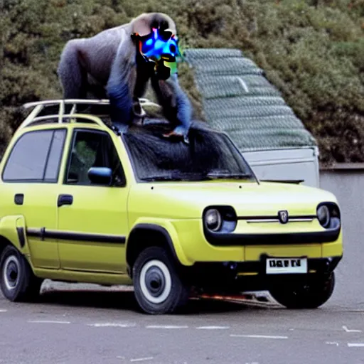 Image similar to photo of a gorilla sitting on the roof of a fiat panda