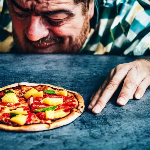 Prompt: Italian chef crying while looking at a pineapple pizza on a table and sitting, photo