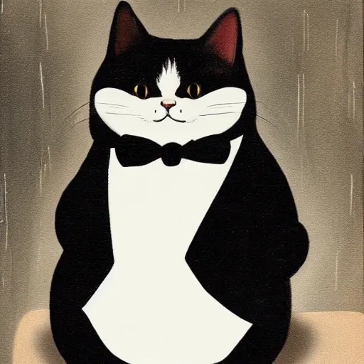 Image similar to a very fat and judgmental cat wearing a full tuxedo sitting in a dimly lit parlor lounge