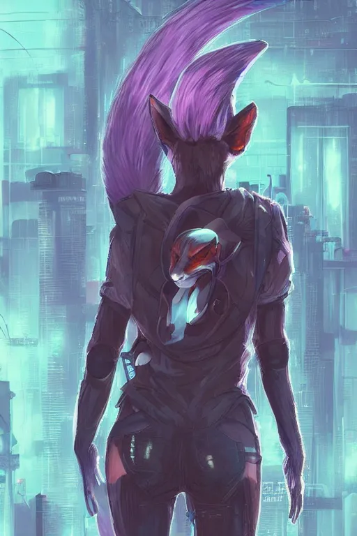 Image similar to an anthropomorphic cyberpunk fox, backlighting, trending on artstation, digital art, furry art, trending on furaffinity, fantasy art, by kawacy, view from behind, fluffy tail