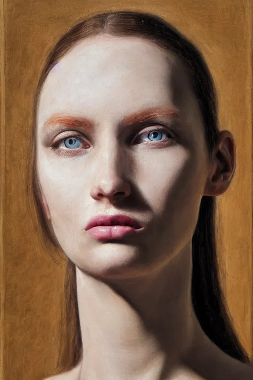 Prompt: hyperrealism close-up portrait, melting female cyborg, church interior, pale skin, in style of classicism