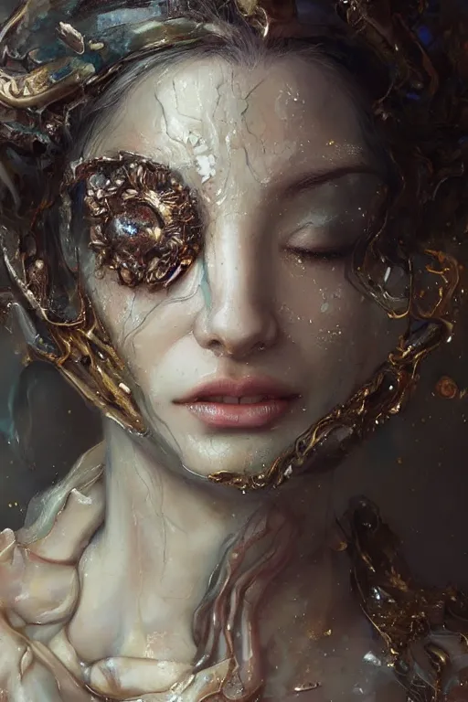 Prompt: face closeup of beautiful girl in intricate detailed oilpaint, melting wax, acrilic fluid art, 3 d render, hyper realistic detailed portrait, fyling silk, ruan jia, wlop. scifi, fantasy, hyper detailed, octane render, concept art, by peter mohrbacher, by gustav klimt, by wlop, by ruan jia