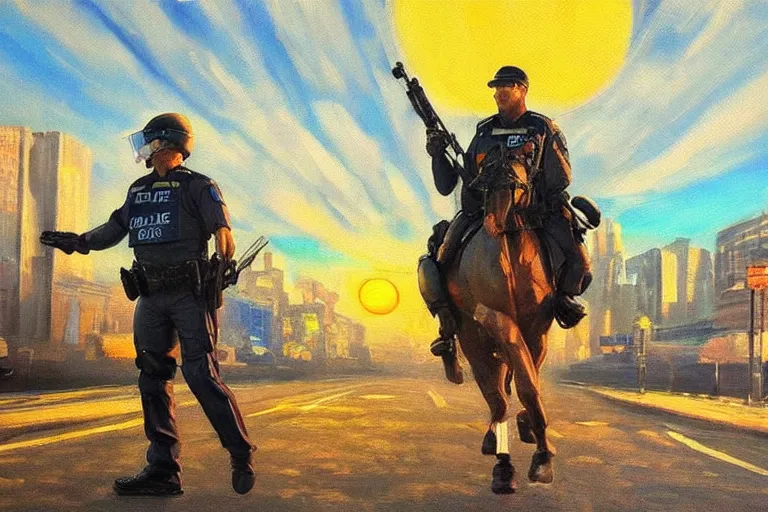 Image similar to police, fantasy, painting, ultra realistic!!!, clear weather, golden hour, sharp focus