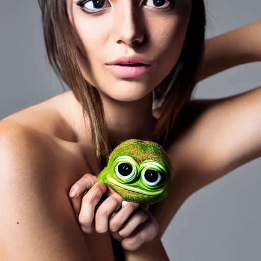 Prompt: a creative portrait of a beautiful model + pepe the frog, beauty shot, photography, makeup, female character, canon eos r 3, f / 1. 4, iso 2 0 0, 1 / 1 6 0 s, 8 k, raw, unedited, symmetrical balance, in - frame