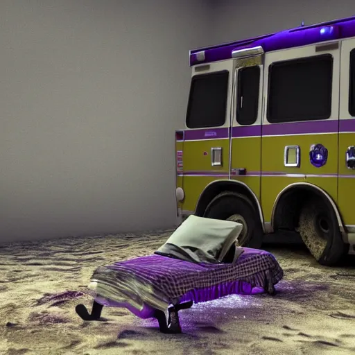 Prompt: Abandoned Ambulance with an Unknown Figure sitting in the back, Underwater, Purple Glow, Realistic, 4k