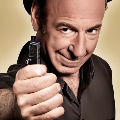 Image similar to a medium shot photo of saul goodman extremely happy to have a pistol in his hand,8k, DSLR, highly detailed skin, highly detailed hands