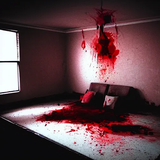 Image similar to one of the most scariest room there is one light on the ceiling and the floor is all blood the outside is night photo - realistic
