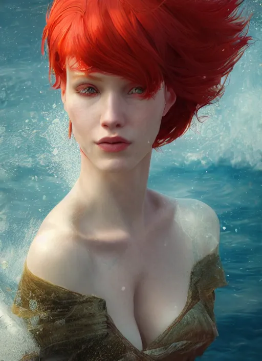 Image similar to portrait of ariel, red hair, sea, hyper detailed, digital art, cinematic lighting, studio quality, smooth render, unreal engine 5, octane rendered, art style by klimt and nixeu and ian sprigger and wlop and krenz cushart.