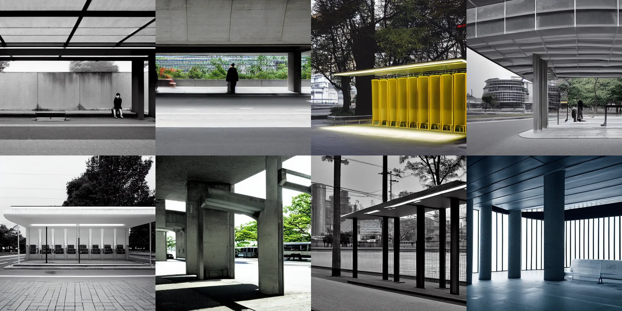 Prompt: cyberpunk bus stop by tadao ando