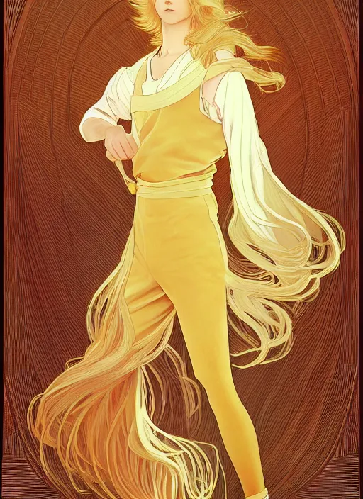 Image similar to pretty young man with shoulder length shiny shimmering golden blond hair, path traced, highly detailed, high quality, digital painting, by studio ghibli and alphonse mucha, leesha hannigan, disney