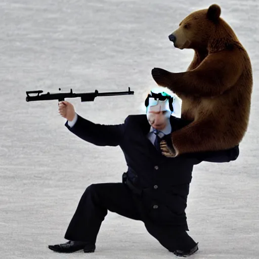 Image similar to vladimir putin riding a bear and holding a ak - 4 7