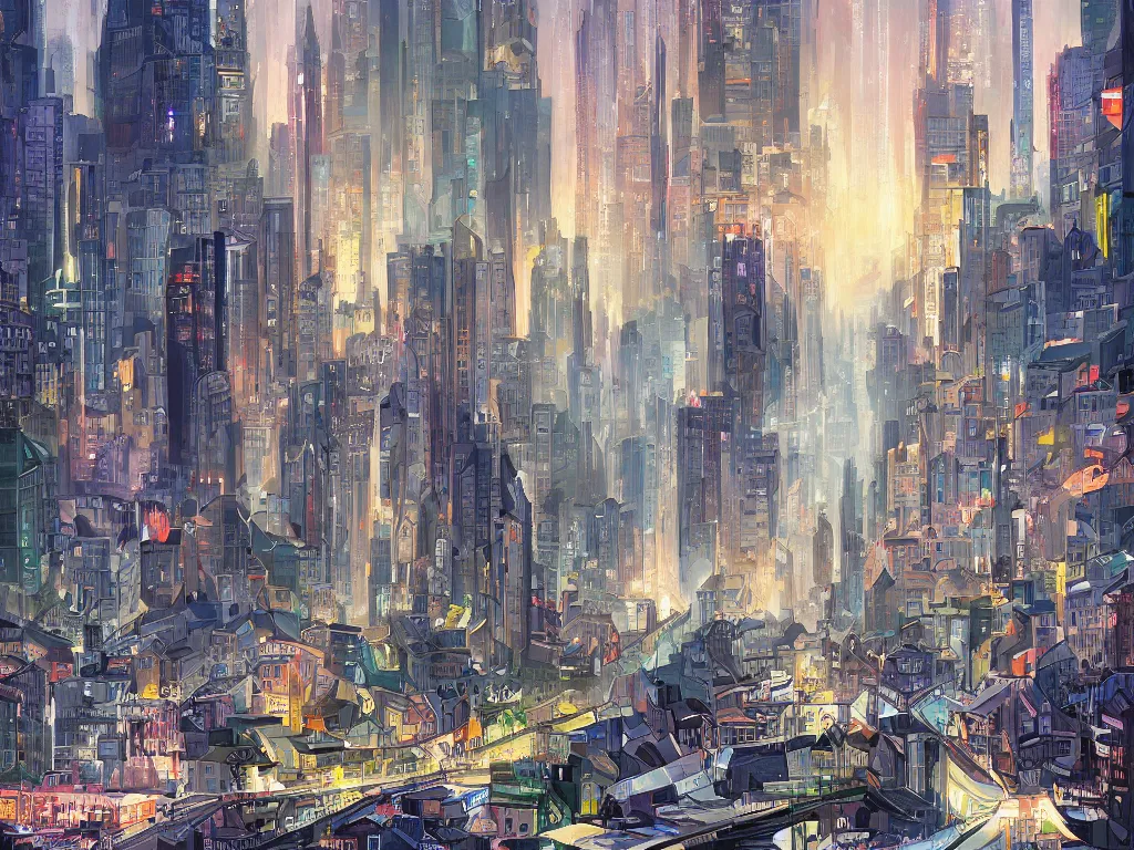 Prompt: a modern city rich with intelligence, digital painting, fantasy, art by alexandre mahboubi and christophe oliver