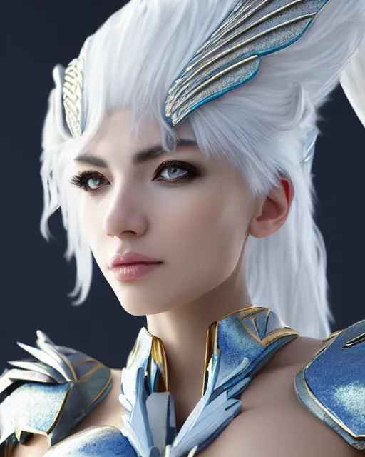 Image similar to perfect white haired egyptian goddess wearing white dove wings, warframe armor, regal, attractive, ornate, sultry, beautiful, ice queen, half asian, pretty face, blue eyes, detailed, scifi platform, 4 k, ultra realistic, epic lighting, android body, illuminated, cinematic, masterpiece, art by akihito tsukushi, voidstar