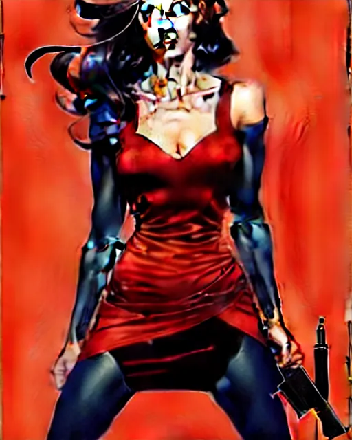 Image similar to artgerm, joshua middleton comic cover art, full body pretty megan fox holding a shotgun, red dress, symmetrical eyes, symmetrical face, long curly black hair, dark city background, cinematic lighting