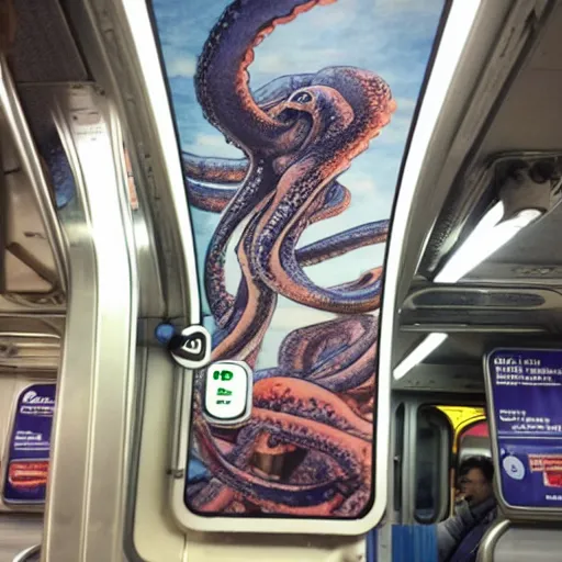 Image similar to of a giant octopus invading a interior of a subway train in new york,