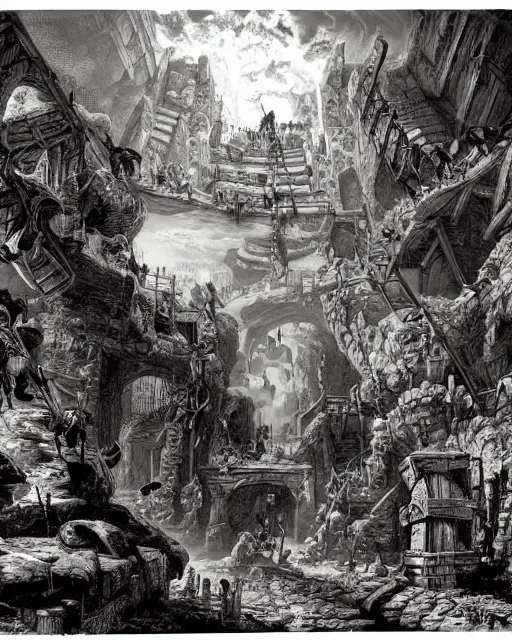 Image similar to a party of adventurers in an endless dungeon by Piranesi