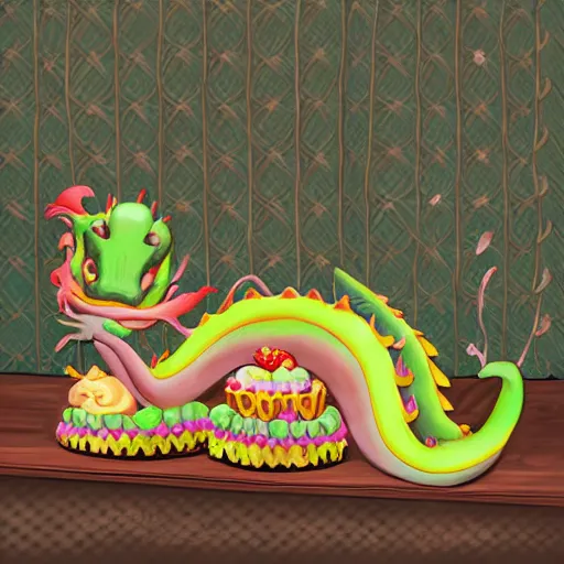 Image similar to Dragon with a body made of cake, sleeping on the kitchen counter of a magical bakery, digital art