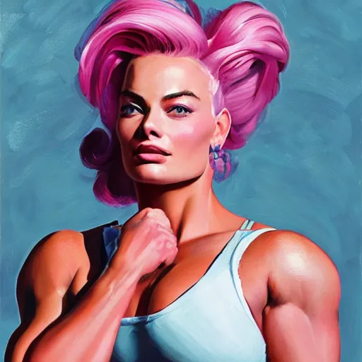 Image similar to greg manchess portrait of margot robbie as very happy thick muscular female bodybuilder zarya from overwatch with pink hair in disco elysium, fantasy, medium shot, asymmetrical, profile picture, organic painting, matte painting, bold shapes, hard edges, street art, trending on artstation, by huang guangjian and gil elvgren and sachin teng