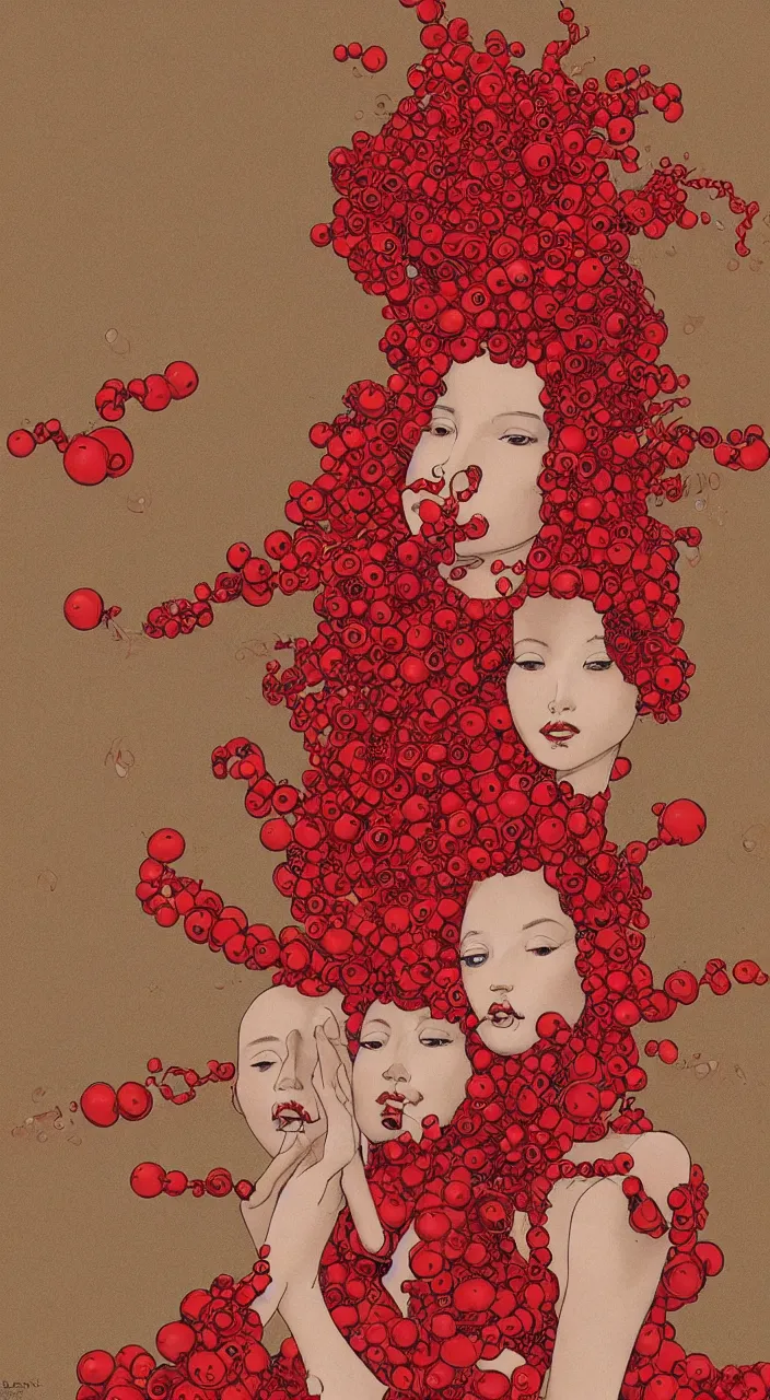 Image similar to woman character wearing a red bodysuit, acid hallucinations floating around their head, by moebius, alexander mcqueen headdress with beads, by kawase hasu