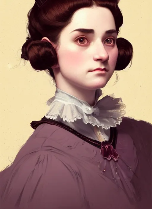 Image similar to a portrait of a young woman with a crooked nose in victorian clothing, confident pose, intricate, elegant, sharp focus, illustration, highly detailed, concept art, matte, trending on artstation, anime, art by james jean and artgerm and brian despain and alberto mielgo, greg rutkowski, wlop, ilya kuvshinov, strong strokes