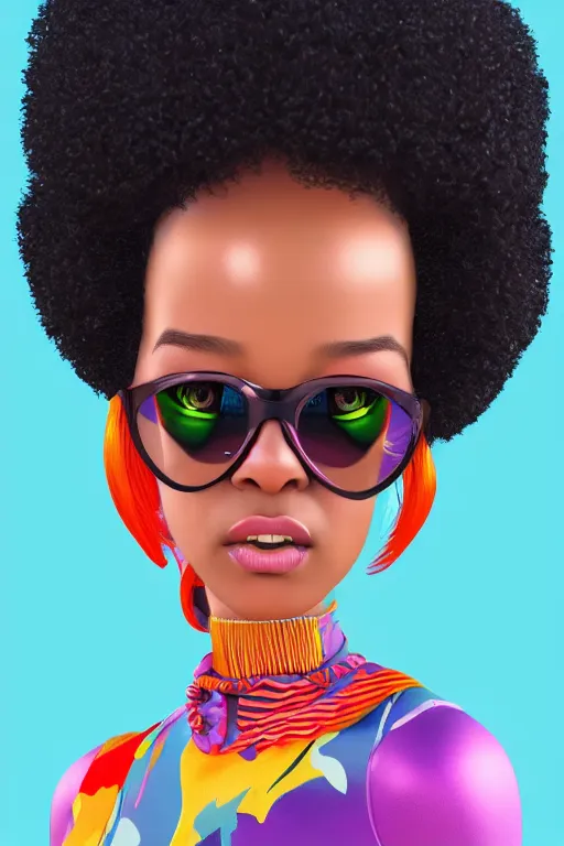 Image similar to a centered render of a cute super cool afro disco girl from the seventies, by dreamworks, by pixar, by viktoria gavrilenko, by leticia gillett, by artgerm, perfect face, 3 d, 8 k