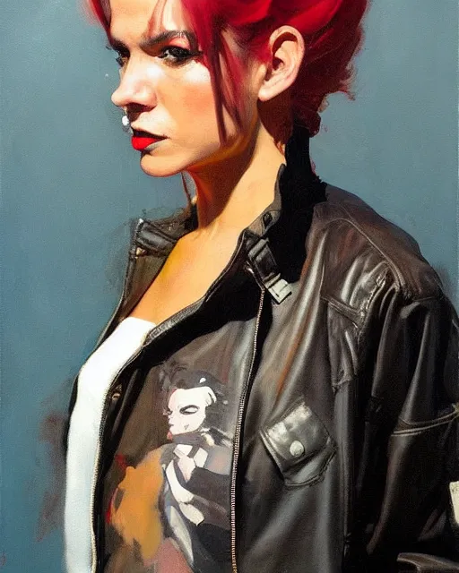 Image similar to greg manchess portrait painting of a punk woman in a leather bomber jacket, medium shot, asymmetrical, profile picture, organic painting, rainy night, matte painting, bold shapes, hard edges, street art, trending on artstation, by huang guangjian and gil elvgren and sachin teng