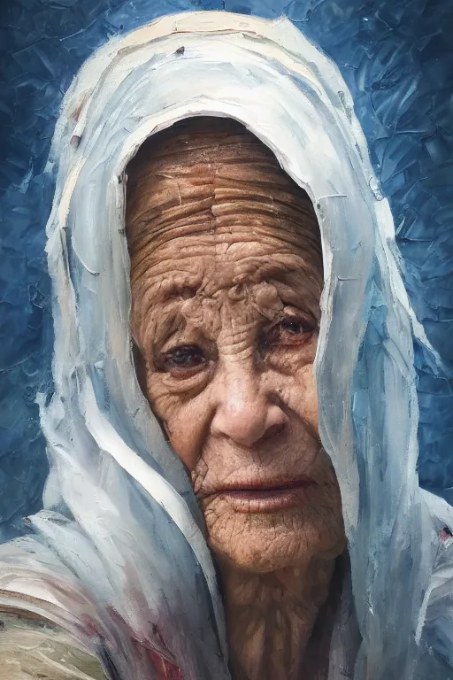 Image similar to palette knife oil painting portrait of ariadne, a mysterious spiritual guide who is a chain smoking old lady in an ashen trench coat. extreme detail, any racial background, artstation trending, artgerm, deviant art, octane, substance, art history 8 k