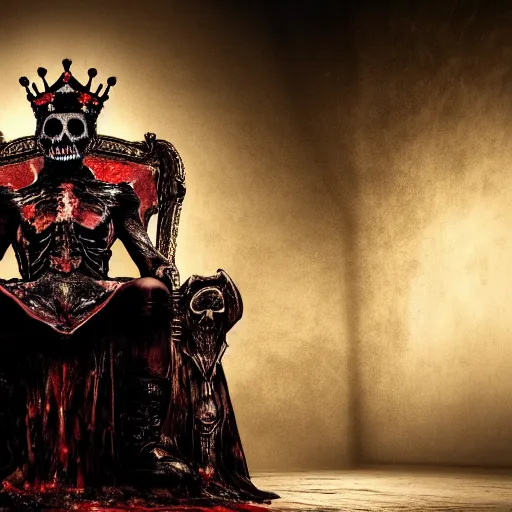 Prompt: the king of death, sitting on throne, blood splatters, shadows, hyperrealistic, dead bodies in the background, high resolution, 8 k