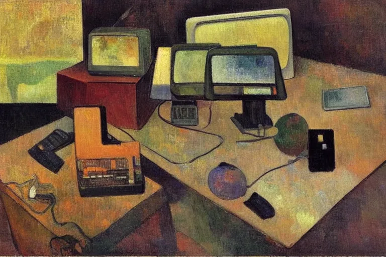 Image similar to still life painting of vintage computers by Paul Gauguin, oil on canvas, strong lighting, highly detailed, hyper realism, HD, 4K