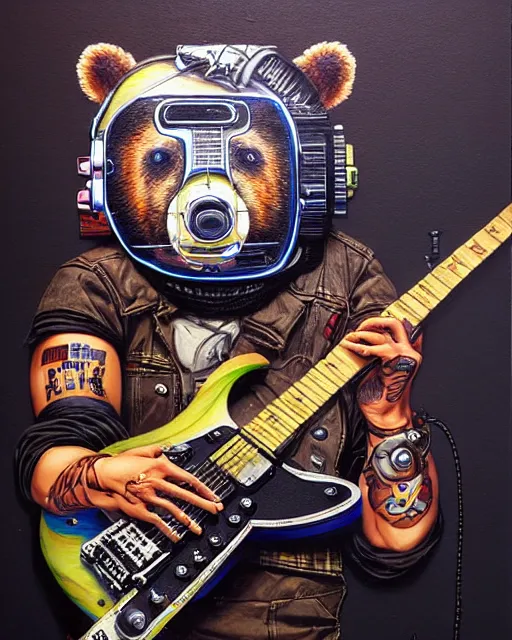 Image similar to a portrait of an anthropomorphic cyberpunk bear shredding an electric guitar by sandra chevrier, by jon foster, detailed render, tape deck, epic composition, cybernetics, 4 k realistic, cryengine, realistic shaded lighting, sharp focus, masterpiece, by enki bilal