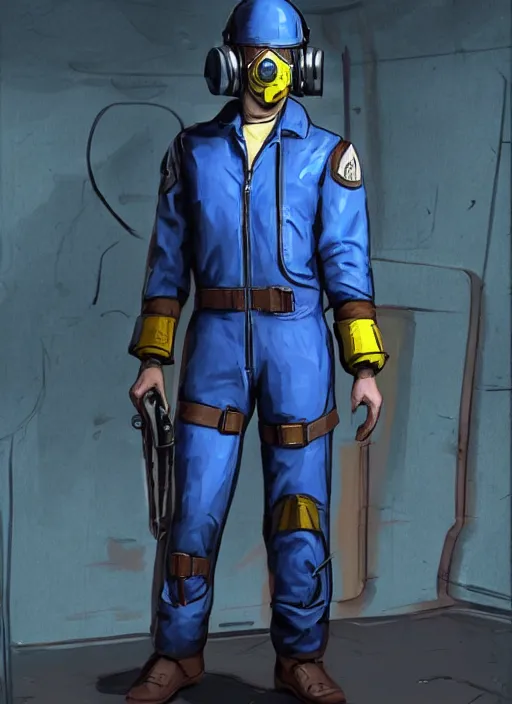 Image similar to youtuber tom scott as a vault dweller in fallout, wearing a blue vault dweller jumpsuit, beautiful high quality realistic game concept art, trending on artstation by ilya nazarov