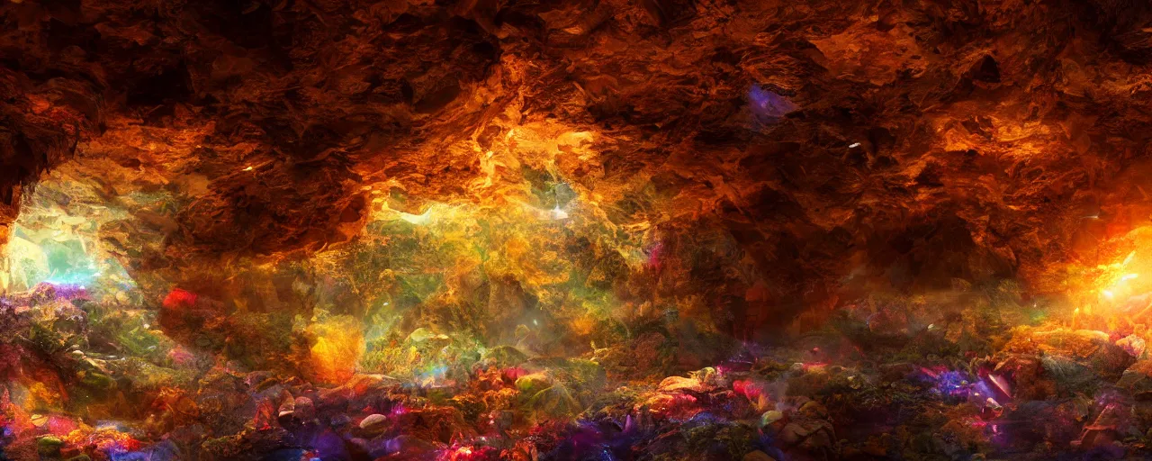 Prompt: mystical cave full of rare colorful garnets carved on rock, under a sun indirect light, drammatic light, volumetric light, sunset enviroment, shadow effect, surrealism, beautiful, trending on artstation, best photography, full of details 8 k, high quality, wide view