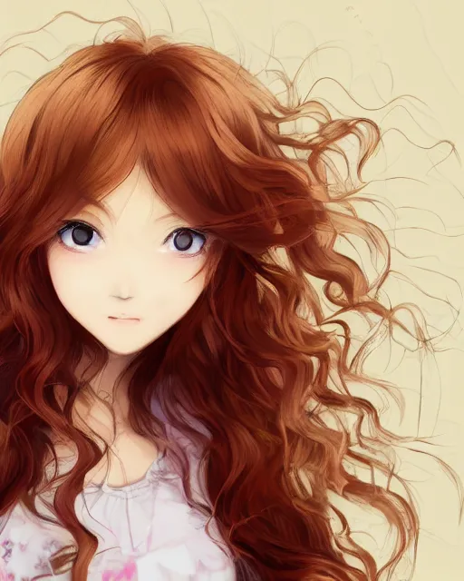 Image similar to happy cute teenage girl Portraits.Closeup of the pretty Anime girl's side face with her head slightly raised.Slightly curly Orange flowing hair by WLOP and VOFAN and mika pikazo,yoneyma Mai