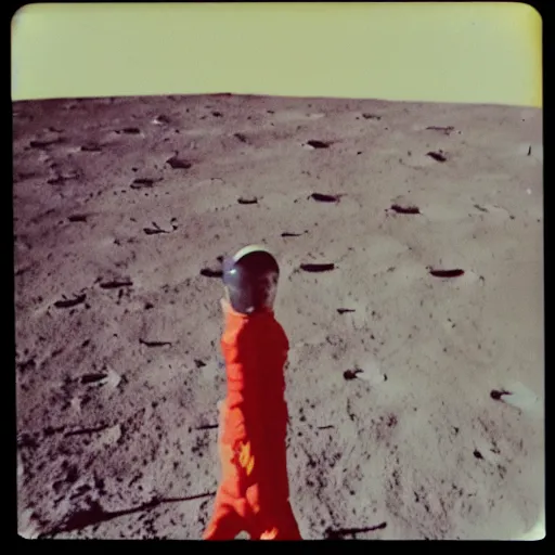 Image similar to vintage polaroid photo of a beautifuk young woman on the moon, the earth visible in de background, warm azure tones, red color bleed, film grain